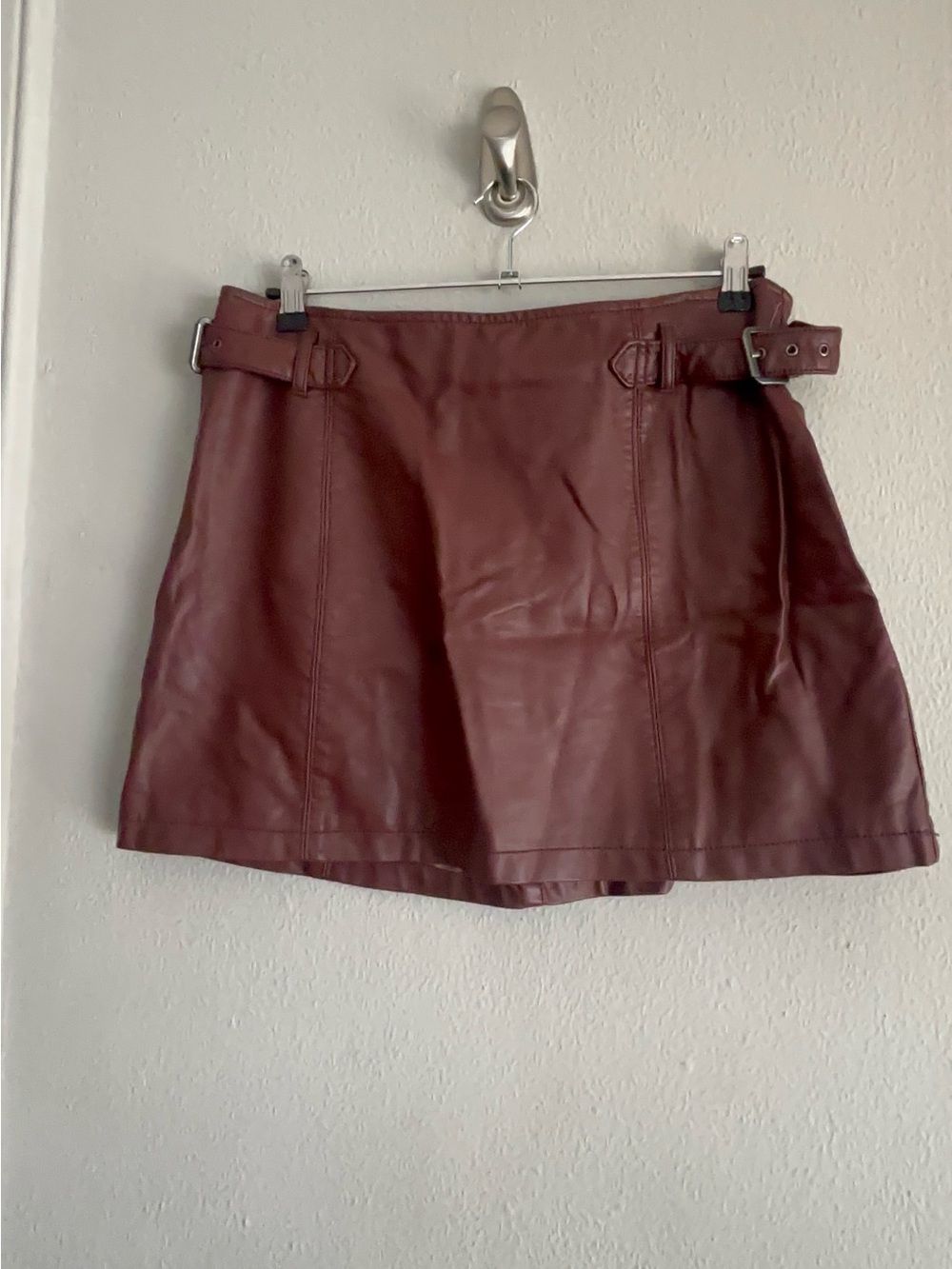Free People Vegan Leather Mini Skirt | Brown | Side Buckle Detail | Size 10
